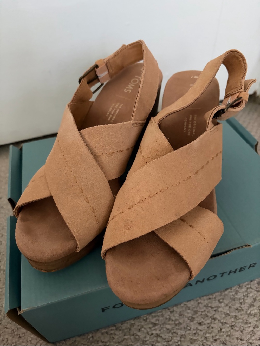 TOMS Tan Suede Crisscross Wedge Sandals with Slingback